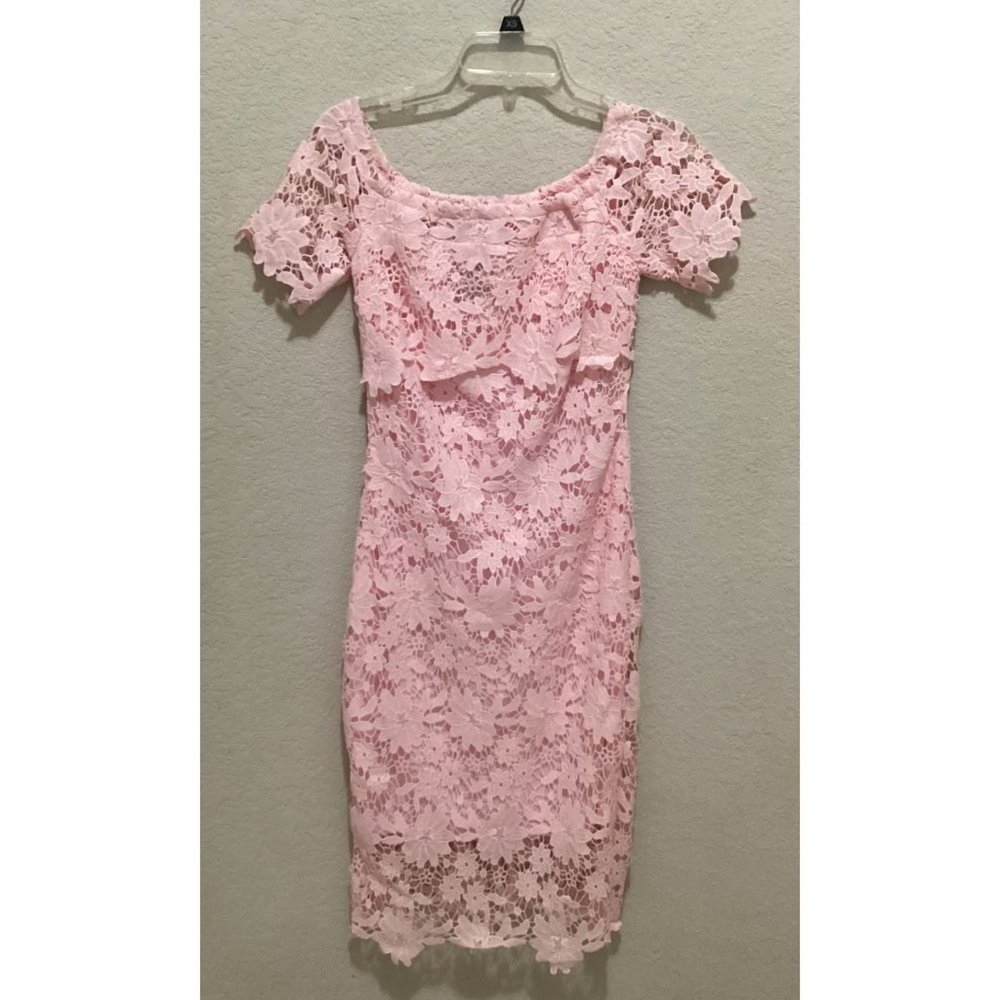 Pink Lace Floral Off-The-Shoulder Short Sleeve Dress Elegant Fitted Knee Length